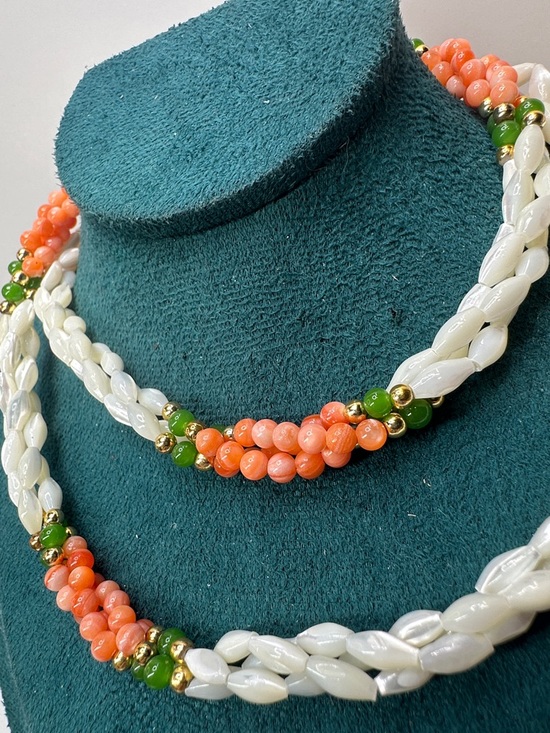 Jewelry - Vintage Mother Of Pearl Angel Skin Coral & Jade Bead Braided Necklace